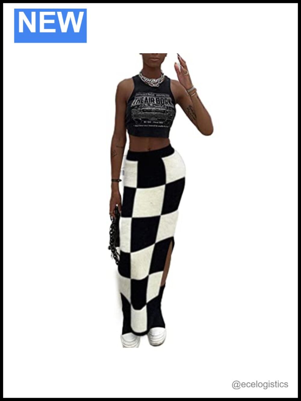 High Waist Plaid Knit Midi Skirt Side Split Bodycon Pencil Maxi